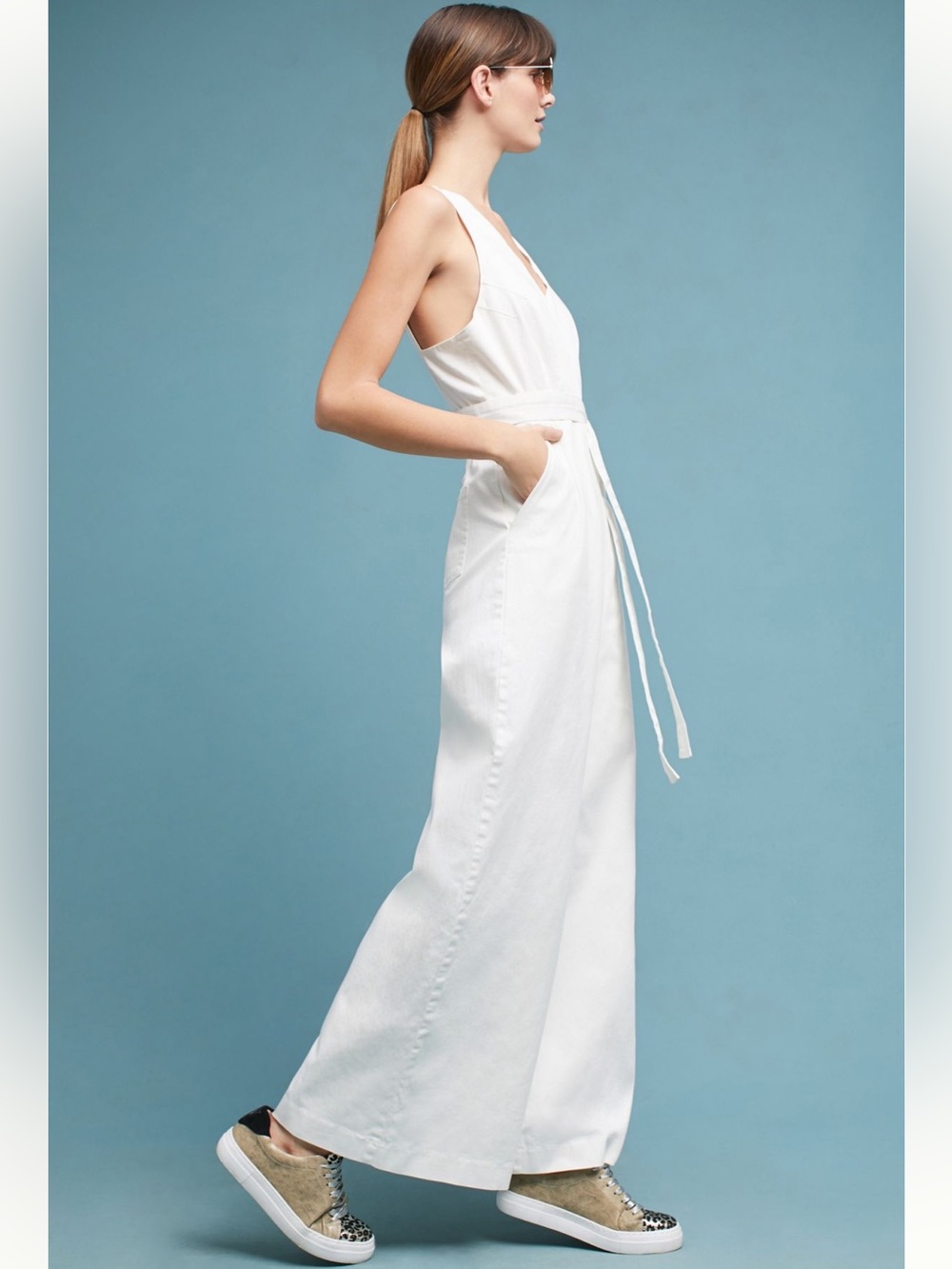 ANTHROPOLOGIE CHINO NEW Ivory Scalloped Chino Jumpsuit Wide Leg 6 Stretch - Picture 4 of 10